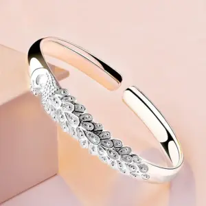 925 Sterling Silver Peacock Bangle — Open Cuff, Women's
