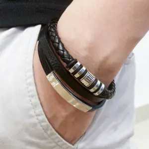 Multilayer Braided Leather Bracelet — Stainless Steel, Men's