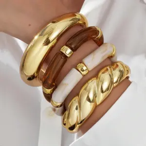 Brown Resin Bangle 4-Piece Set — Minimalist Gold Tone, Open