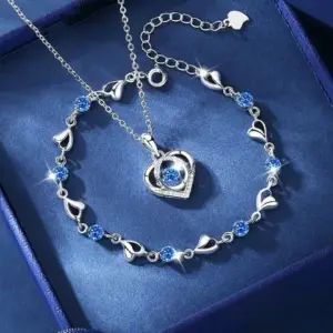 925 Sterling Silver Heart Necklace & Bracelet Set — Blue Crystal