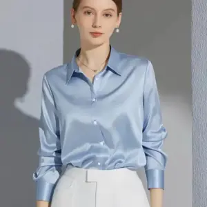 Satin Finish Long Sleeve Blouse — Button Front, French Style