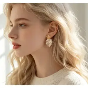 Pineapple Pearl Stud Earrings — Gold Plated, Tropical Beach