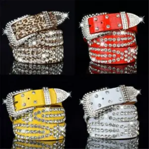 Rhinestone Stud Leather Belt — Wide Buckle Punk, Unisex
