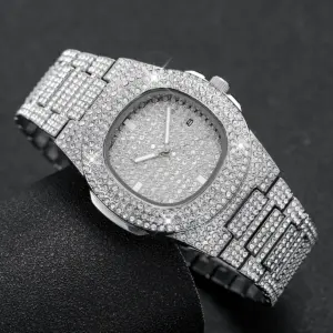 Full Diamond Men's Watch — Stainless Steel, Quartz, Calendar