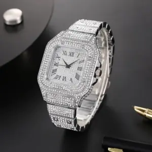 Men's Square Roman Dial Quartz Watch — Steel Strap, Rhinestone