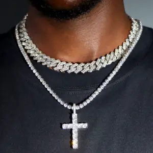 Iced Out Cross Cuban Chain Necklace — 14mm 2-Row, Hip Hop