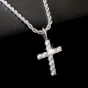 Iced Out Cross Pendant Necklace — Silver Plated Twisted Chain