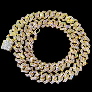 Gold Tone Cuban Link Chain Necklace — 2-Row Rhinestone (Multi-Length)