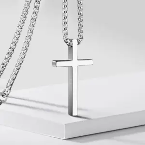 Cross Pendant Necklace — Titanium Steel Chain, Punk, Silver