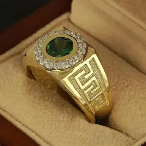 Classic Gold Tone Ring — Green Stone Inlay, Men's