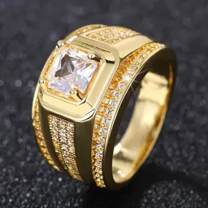 Gold Tone Zirconia Ring — Men's Engagement, Bright Finish