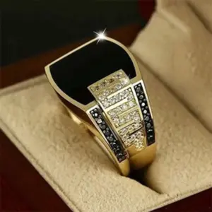 Black Stone Zircon Ring — Gold Tone Punk Band, Men's