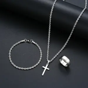 Stainless Steel Jewelry Set — Cross Pendant, Rope Chain & Ring