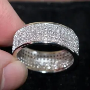 White Zircon Ring — Round Inlaid, Silver & Gold Tone, Unisex