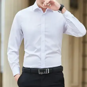 Plus Size Solid Business Shirt — Slim White Long Sleeve, Men's