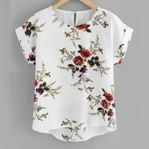 Floral Print Blouse — Short Sleeve Pullover, O-Neck, Women's