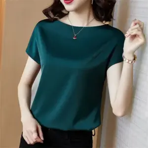 Satin Office Blouse — Solid Short Sleeve, O-Neck, Women's