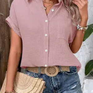 Vintage Cotton Blouse — Short Sleeve, Turn-Down Collar, Women's
