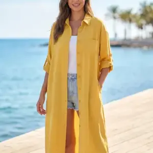 Plus Size Longline Shirt — Long Sleeve Button Front, Roll-Up Cuff