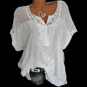 Plus Size Lace Blouse — Short Sleeve V-Neck, Cotton, White