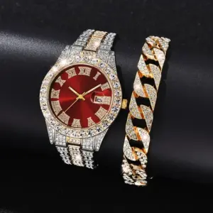 Rhinestone Diamond Watch Set — Gold-Tone Bracelet Watches (2 Pcs)