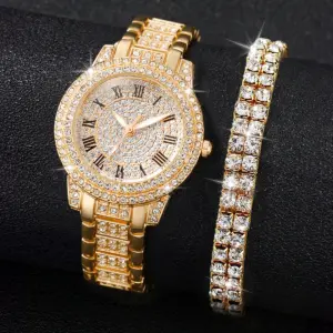 Full Diamond Women's Watch — Gold Steel Band Quartz (2-Piece Set)