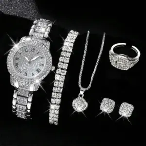 Rhinestone Watch & Jewelry 6-Piece Set — Ladies Quartz Gift