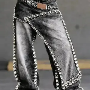 Patchwork Rhinestone Wide-Leg Jeans — Women's
