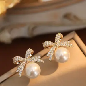 Rhinestone Bow Pearl Stud Earrings — Women's