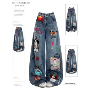 Cartoon Embroidery Wide-Leg Jeans — Unisex