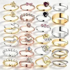 Stackable Rings Set — Peach Blossom & Moon, 925 Silver