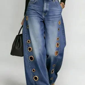 High-Waist Grommet Wide-Leg Jeans — Washed Blue, Women's