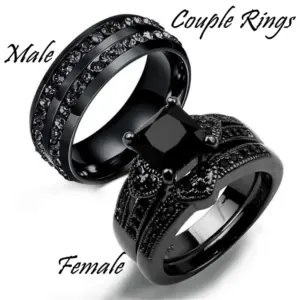 Black Zirconia Heart-Shaped Couple Rings — Stainless Steel
