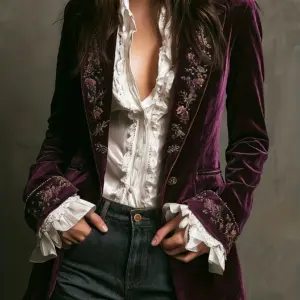 Floral Velvet Blazer — Notched Collar, Women's