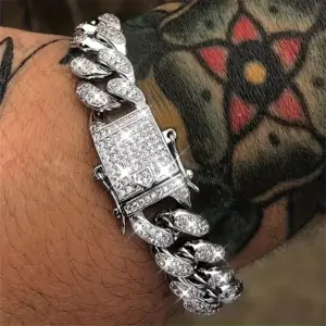 Iced-Out Cuban Link Bracelet — Crystal, Stainless Steel, Men's
