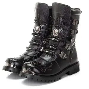 Gothic Belt Motorcycle Boots — Mid-Calf PU Leather, Men's