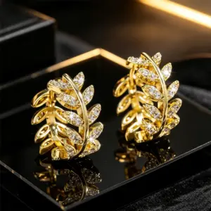 CZ Leaf Hoop Earrings — Cubic Zirconia