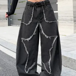 Star Patchwork Wide-Leg Jeans — Black, Women's