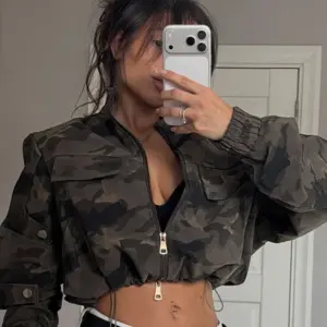 Camouflage Cropped Jacket — Stand Collar, Women's