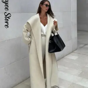 Lace-Up Woolen Long Coat — V-Neck, Women's