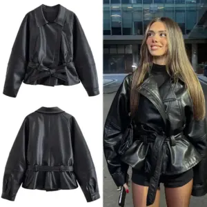 Black Faux Leather Trench Coat — Belted, Women's