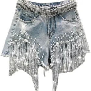 Tassel Beaded Denim Shorts — High-Waist, Women's