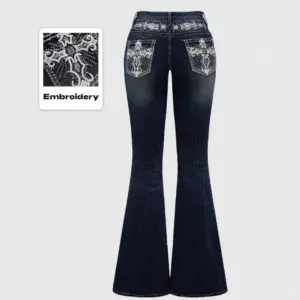 Rhinestone Embroidered Flare Jeans — Dark Wash, Women's