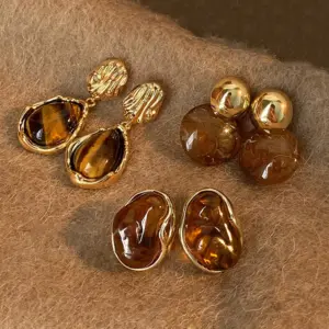 Vintage Tiger Eye Dangle Earrings — Brown Resin, Women's