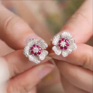 Red CZ Flower Stud Earrings — Cubic Zirconia, Women's