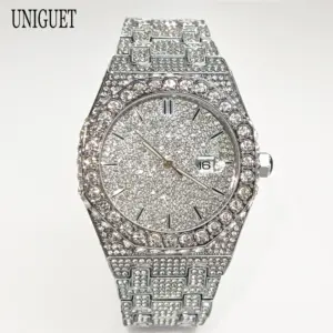 Iced-Out Diamond Date Watch — Waterproof, Men's