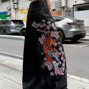 Tiger Flower Embroidered Jeans — Black Wide-Leg, Women's