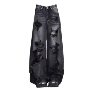 Vintage Black Ripped Wide-Leg Jeans — Women's
