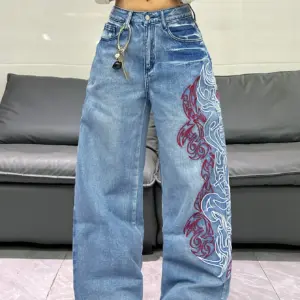 Two-Color Embroidered Wide-Leg Jeans — High-Waist, Women's