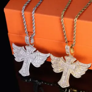 Moissanite Wings Cross Pendant Necklace — Hip Hop